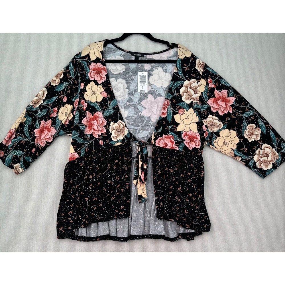 Torrid NWT 4X 26 Floral Babydoll Top Kimono Sleeve Tie Front Boho Black 0435